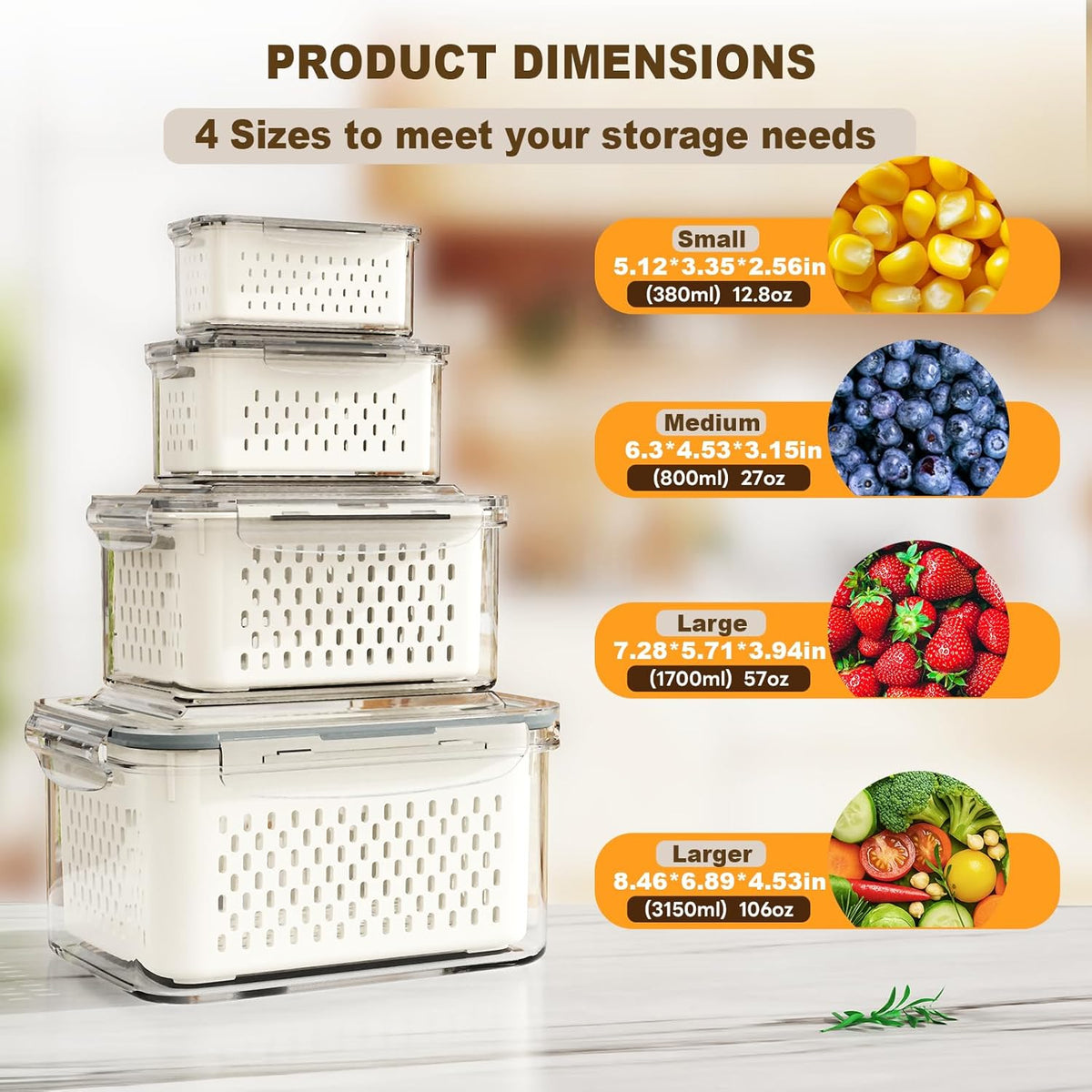 Fruit Storage Containers for Fridge 4 Pcs with Drain Basket
