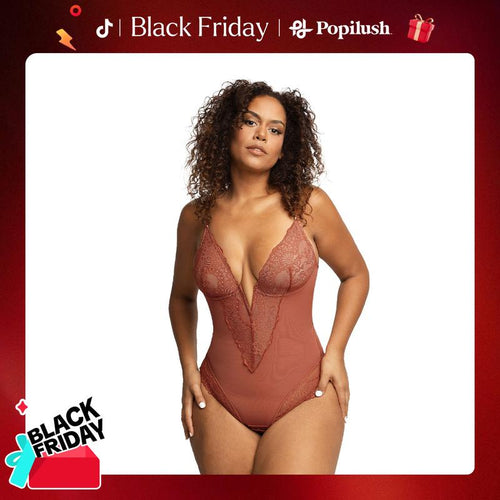 Popilush Deep-V Neck Built-In Shaper Lace Bodysuit - Live Elegant Adjustable