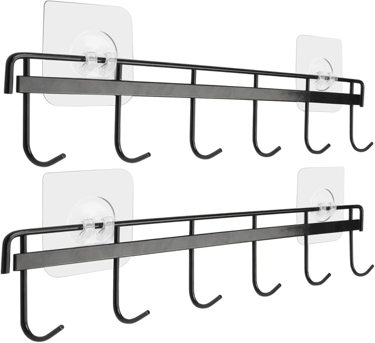Adhesive Wall Hooks Rack Kitchen Rail, Space Saving Utensil Holder No Drilling Wall Mounted Accessory Hanger with 6 Hooks for Kitchen Bathroom Bedroom Pack of 2 (Black)