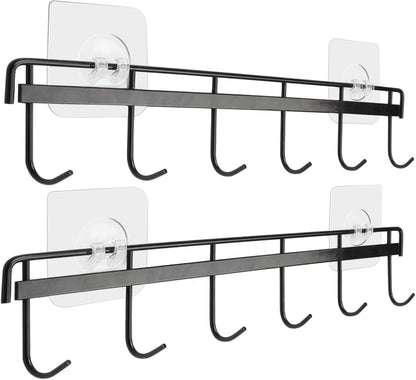 Adhesive Wall Hooks Rack Kitchen Rail, Space Saving Utensil Holder No Drilling Wall Mounted Accessory Hanger with 6 Hooks for Kitchen Bathroom Bedroom Pack of 2 (Black)