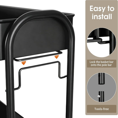 Slim Rolling Cart, Metal Frame Utility Rolling 3-Tier Narrow Storage Cart
