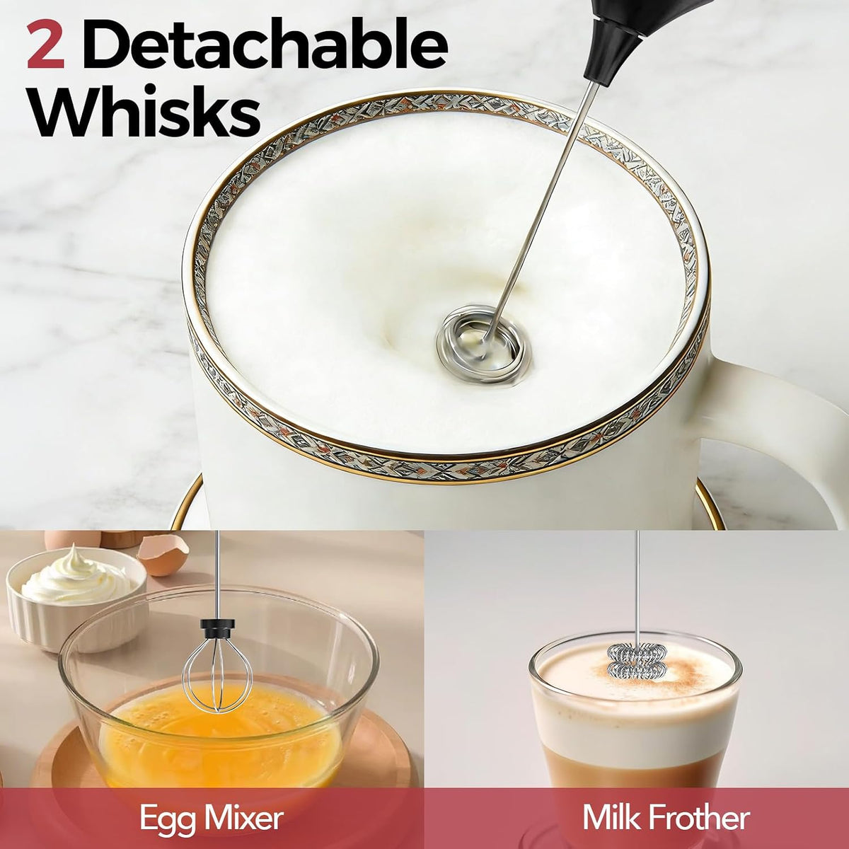 Rechargeable Milk Frother, 3-Speed Electric Whisk, 2 Heads