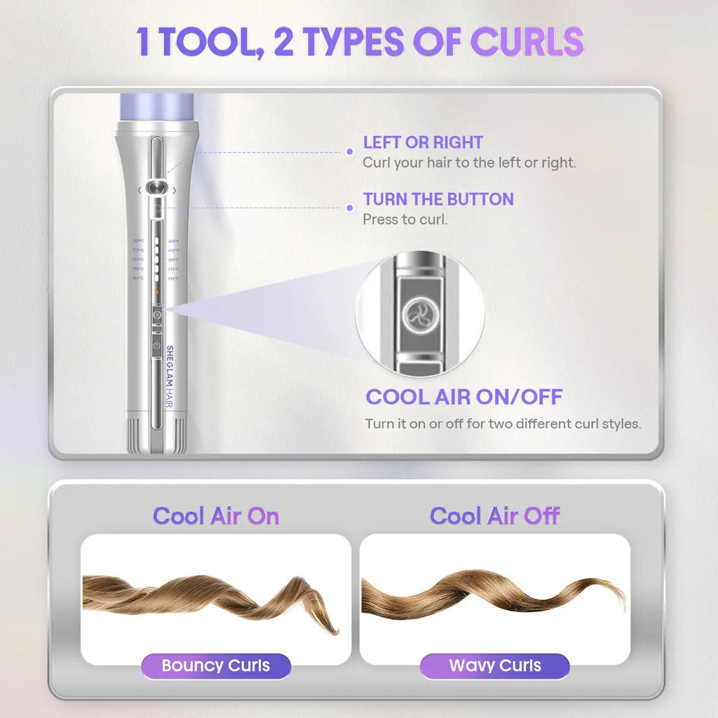 SHEGLAM HAIR One Touch Airflow Styler Pro-Silver Purple,Cool Air Auto-Rotating Curling Iron,5 Min Quick Styling,360° Cooling Airflow One Touch Operation Long-Lasting Results,5 Temps & Anti-Scald,Auto Off-Long Hair & All Hair Types- US Plug-Coachella