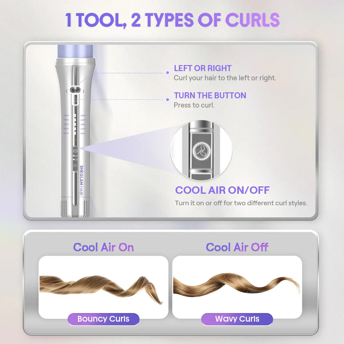 SHEGLAM HAIR One Touch Airflow Styler Pro-Silver Purple,Cool Air Auto-Rotating Curling Iron,5 Min Quick Styling,360° Cooling Airflow One Touch Operation Long-Lasting Results,5 Temps & Anti-Scald,Auto Off-Long Hair & All Hair Types- US Plug-Coachella