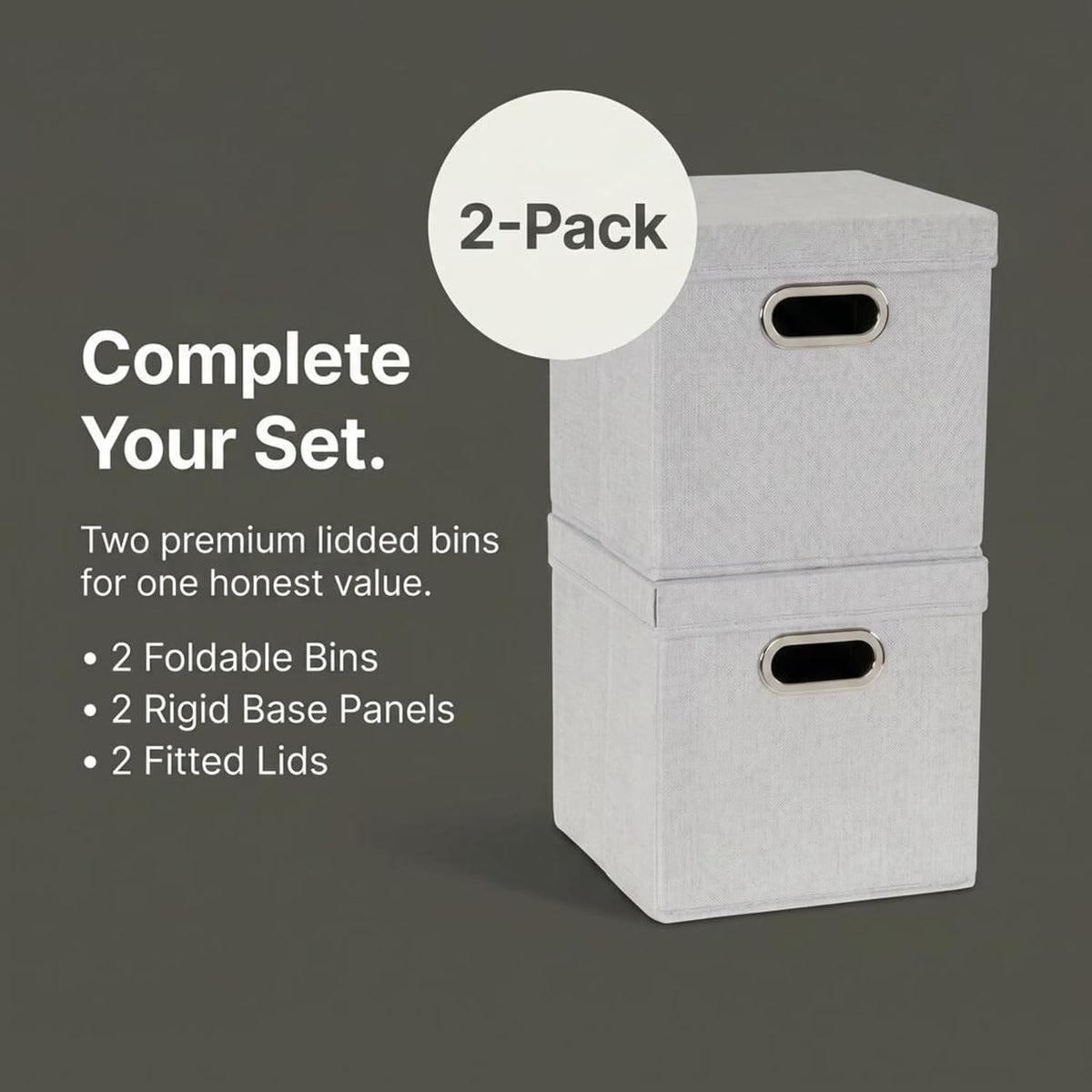804-1 Café Cube Bin Storage Set with Lids and Handles | 2 Pack | Silver Linen