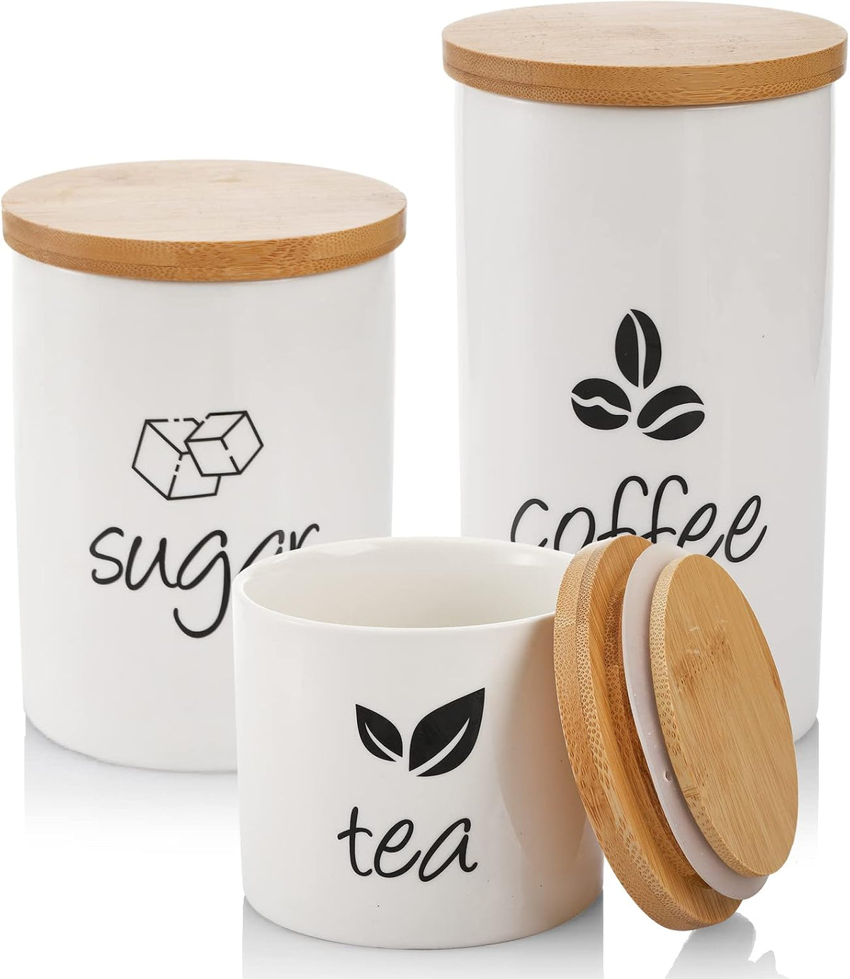 3 Pack Ceramic Canister Set, 30/22/12 OZ Kitchen Airtight Food Storage Jar with Bamboo Lids, Coffee Sugar Tea Storage Containers Pots Jars for Counter, Farmhouse Kitchen Decor, White
