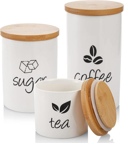 3 Pack Ceramic Canister Set, 30/22/12 OZ Kitchen Airtight Food Storage Jar with Bamboo Lids, Coffee Sugar Tea Storage Containers Pots Jars for Counter, Farmhouse Kitchen Decor, White