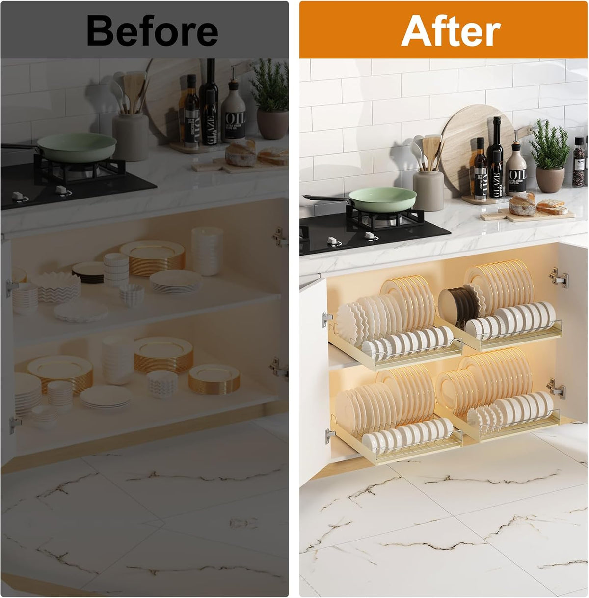 Pull Out Cabinet Organizer, Extendable Slide Out Dish Drying Rack Fixed with Adhesive Film for Kitchen Cabinets, Pull Out Drawer for Kitchen under Sink Storage