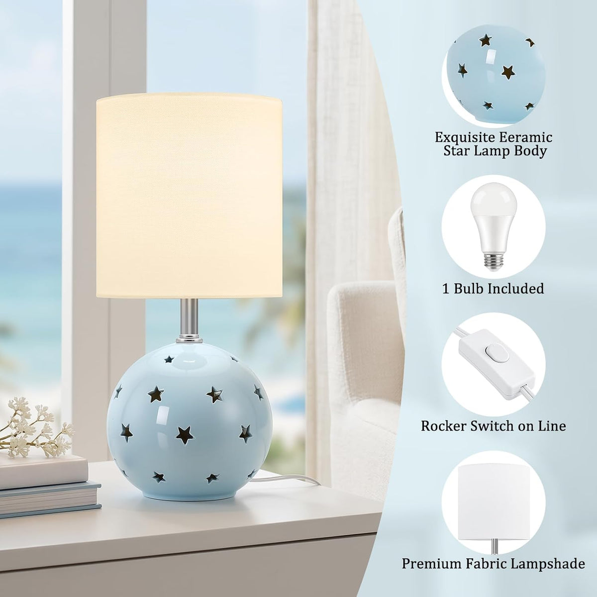 Small Table Lamp, 14" Blue Ceramic Bedside Lamp for Girls Kids Bedroom,Dorm