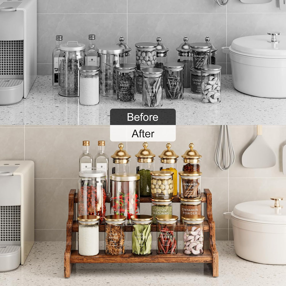 3-Tier Spice Rack, 13.8 Inch Wood Step Shelf Countertop Spice Storage Holder, Kitchen Pantry Cabinet Organizer Cupboard for Spice Bottles, Jars, Seasonings, Baking Supplies,Bathroom Organizer