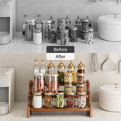3-Tier Spice Rack, 13.8 Inch Wood Step Shelf Countertop Spice Storage Holder, Kitchen Pantry Cabinet Organizer Cupboard for Spice Bottles, Jars, Seasonings, Baking Supplies,Bathroom Organizer