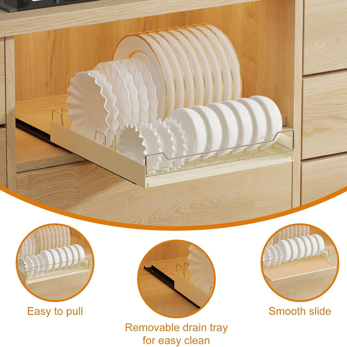 Pull Out Cabinet Organizer, Extendable Slide Out Dish Drying Rack Fixed with Adhesive Film for Kitchen Cabinets, Pull Out Drawer for Kitchen under Sink Storage