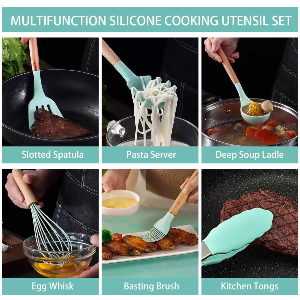19Pcs Silicone Kitchen Utensil Set, Heat-Resistant Non-Stick Easy Cooking Cleaning, Green
