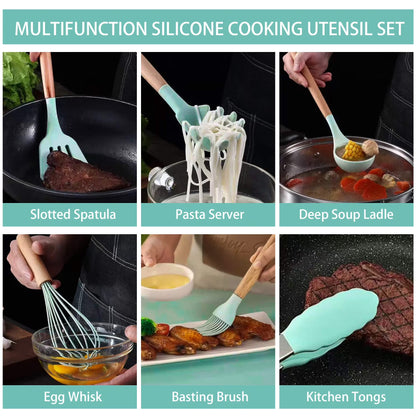 19Pcs Silicone Kitchen Utensil Set, Heat-Resistant Non-Stick Easy Cooking Cleaning, Green