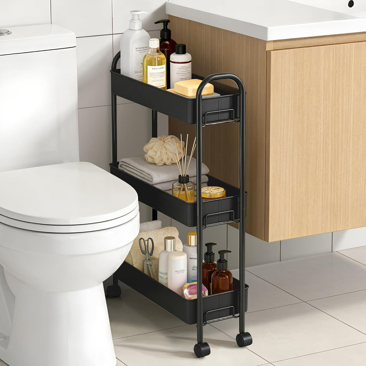 Slim Rolling Cart, Metal Frame Utility Rolling 3-Tier Narrow Storage Cart